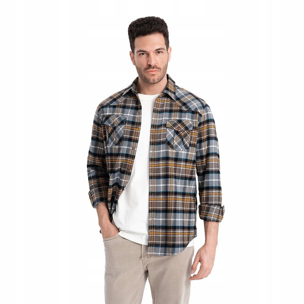Męska flanelowa koszula w kratę szaro-żółta V1 OM-SHCS-0149 M