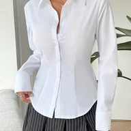 Inne - TEMU Elegancka, jednokolorowa koszula z długim rękawem i klapami, damskie odzież z poliestru na wiosnę/leto/jesień - miniaturka - grafika 1