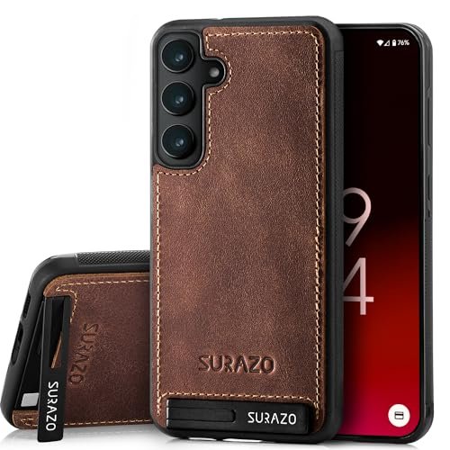 SURAZO Skórzane etui do Samsung Galaxy S25 z ochroną aparatu – tylna strona etui na telefon komórkowy z prawdziwej skóry [funkcja stojaka] [kółko na klucze], odporne na uderzenia etui ochronne z