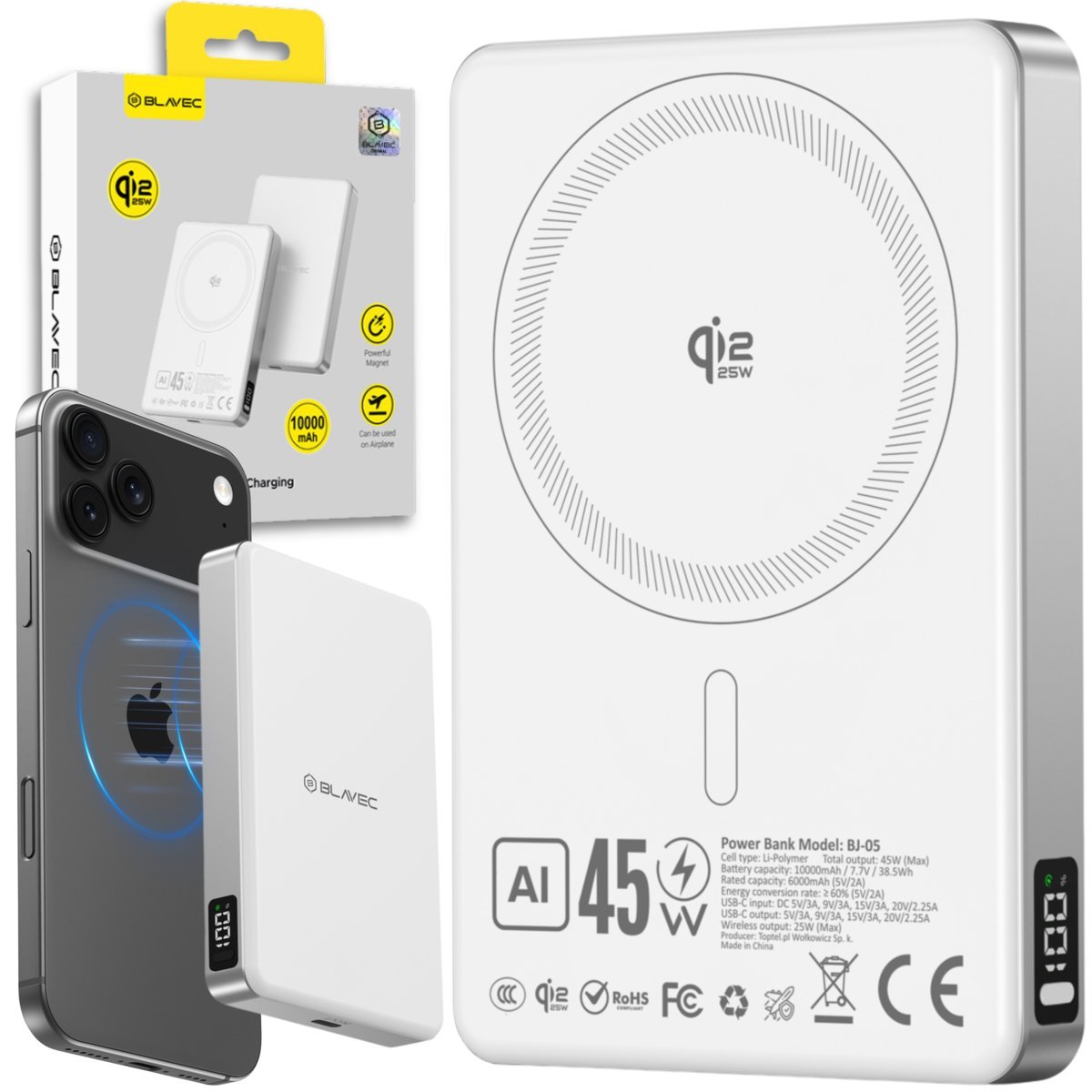 Blavec Powerbank MagSafe 10000 mAh Qi2.2 25W + PD 45W 16mm biały