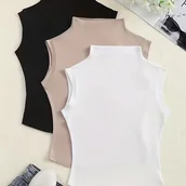Bluzki damskie - TEMU Damskie Modne Casualowe Bezrękawniki z Wysokim Kołnierzem, Dopasowane, Jednokolorowe – 3 szt - miniaturka - grafika 1