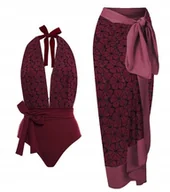 Stroje kąpielowe - Jednoczęściowy Strój Kąpielowy Kwiaty Szyfonowa Spódnica Bordowy Xl - miniaturka - grafika 1