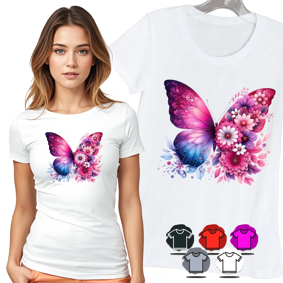 KOSZULKA DAMSKA T-SHIRT - MOTYL RÓŻOWE KWIATY PASTELOWY WZÓR DAMSKI - XXL