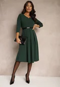 Sukienki - Ciemnozielona Sukienka o Rozkloszowanym Kroju z Rękawem Długości 3/4 Nomini - miniaturka - grafika 1