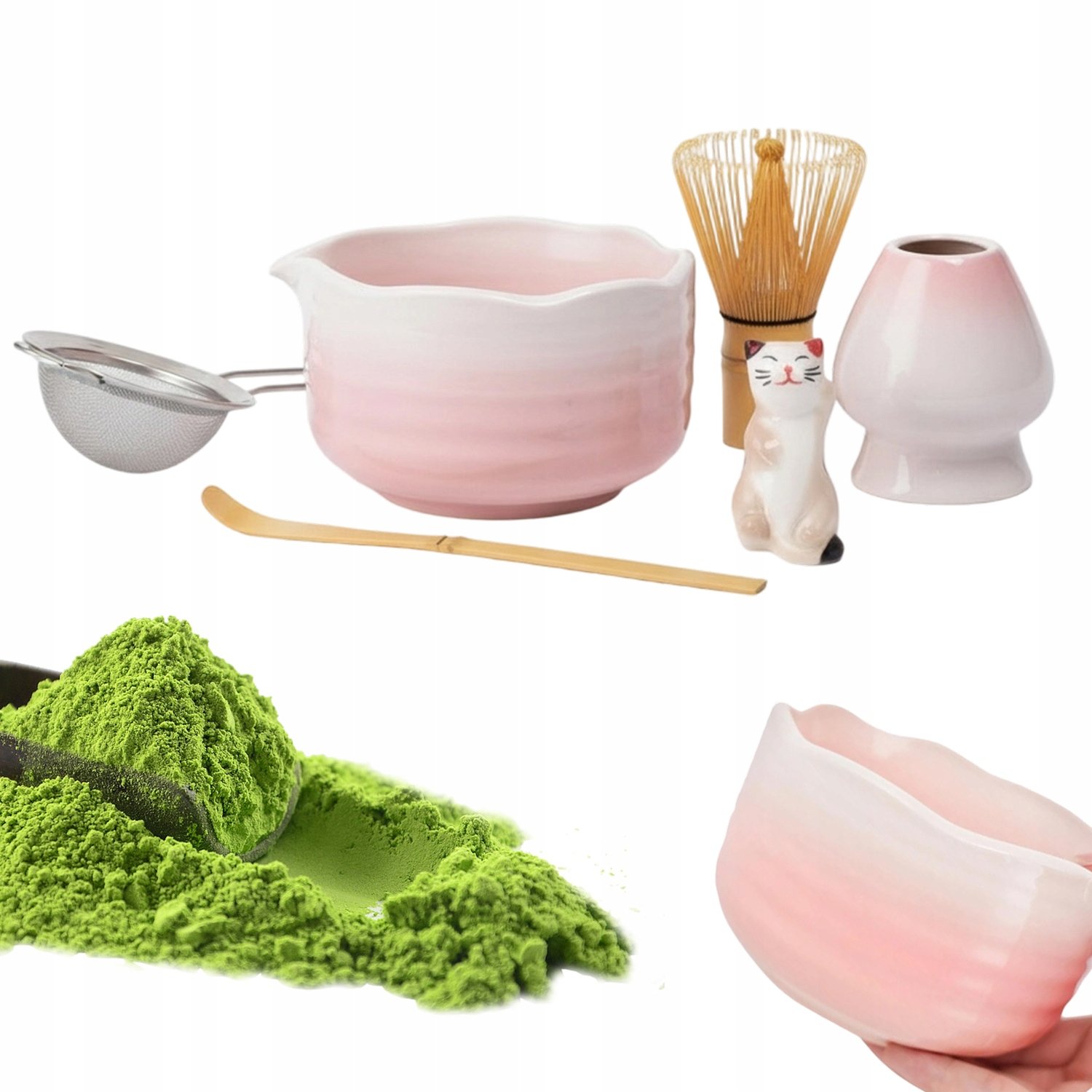 Zestaw Matcha Różowo-biały Z Bambusową Trzepaczką I Pudełkiem Kraft