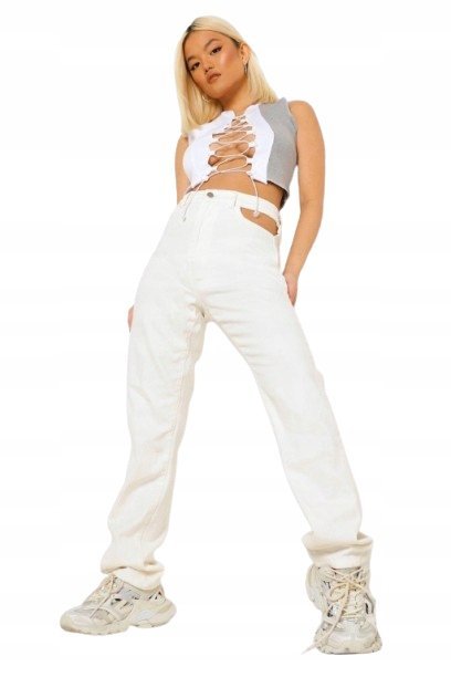 BOOHOO PETITE SPODNIE JEANSOWE KREMOWE DAMSKIE 38 YHS