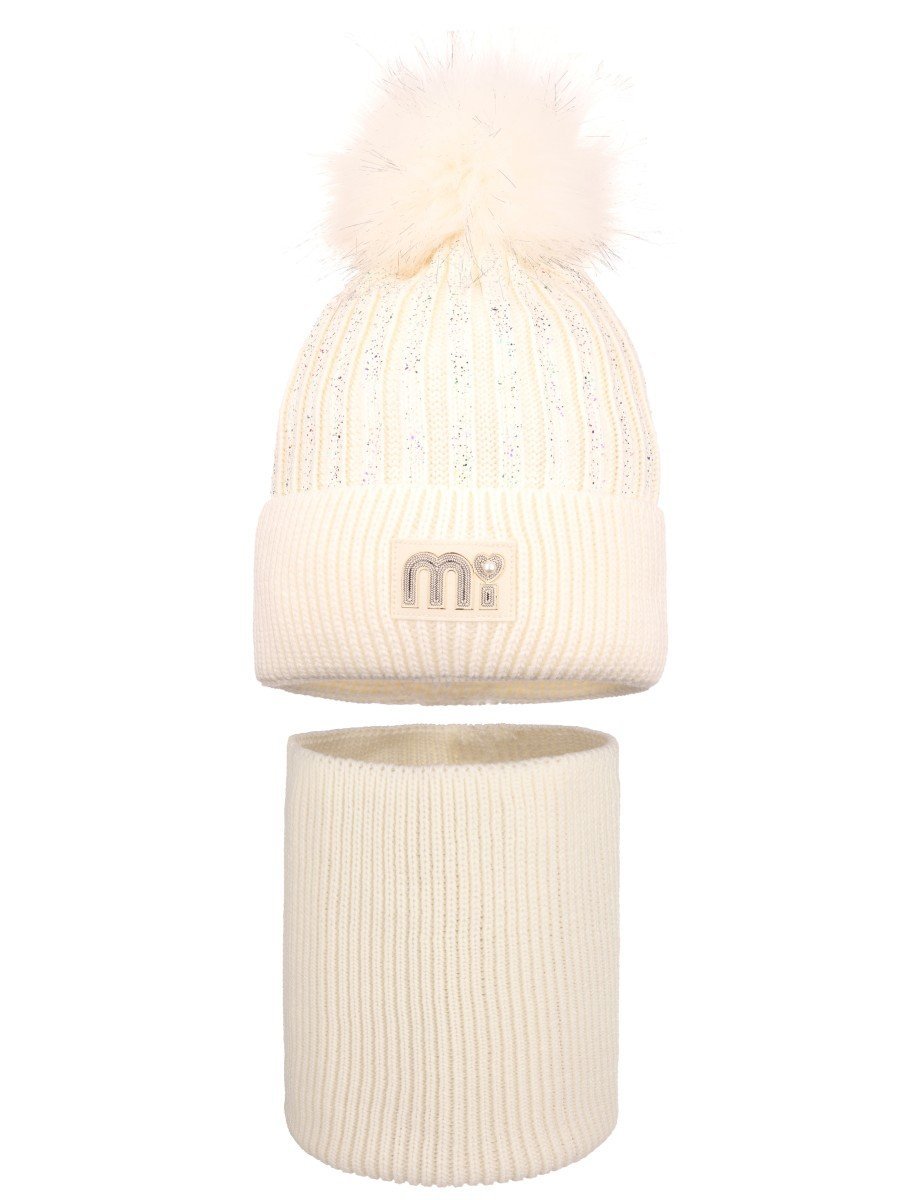 Dziewczęcy komplet zimowy czapka i komin ecru Ambra r.48/50