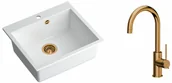 Zlewozmywaki z baterią - Quadron Zlewozmywak granitowy jednokomorowy 57*50*22 cm MORGAN 110 SNOW WHITE z miedzianym odpływem z baterią JODIE Q LINE SLIM kolor miedziany - miniaturka - grafika 1