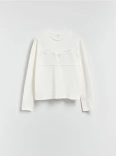 Reserved - Bawełniany longsleeve z koronką - biały - Koszulki i topy damskie - miniaturka - grafika 1