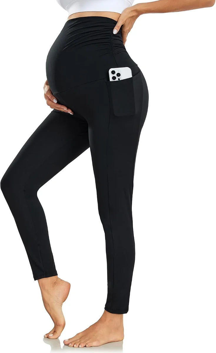 Legginsy ciążowe z wysokim stanem i kieszeniami czarne elastyczne rozmiar L