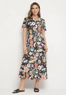 Sukienki - Czarna Rozkloszowana Sukienka o Koszulowym Kroju z Paskiem w Kwiatowy Wzór Fevelorine - miniaturka - grafika 1