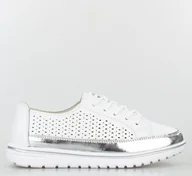 Trampki damskie - Estetino Tenisówki skórzane ażurowe ze srebrną wstawką białe Vinceza-36 - miniaturka - grafika 1