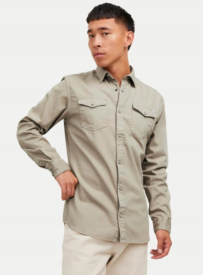 JACK&JONES KOSZULA MĘSKA BEŻOWA GŁADKI CASUAL L 7AA