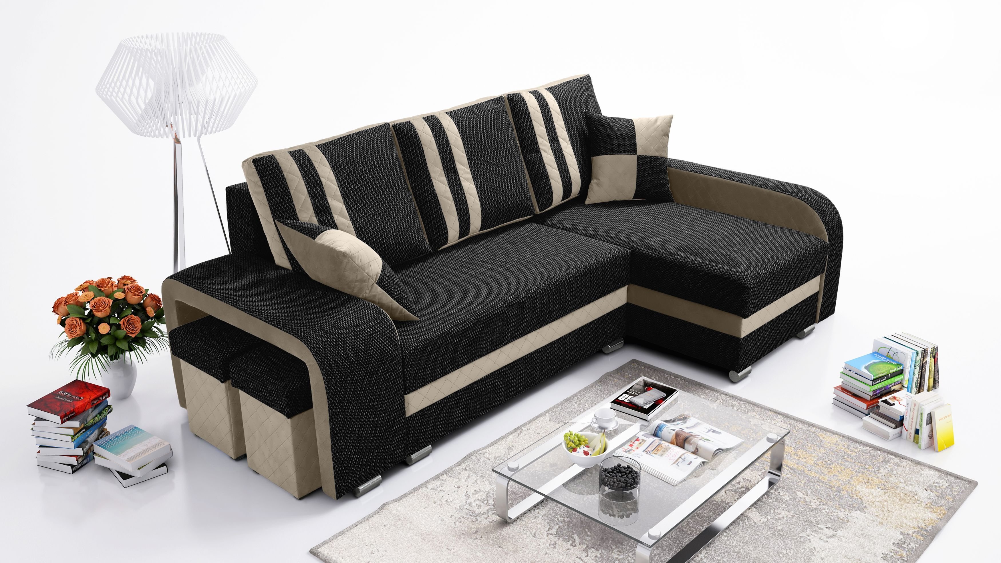Robin York sofa narożna z funkcją spania 2x pojemnik na pościel 2x małe poduszki 2x taboret Sofa Sofa w kształcie litery L Wolnostojąca sofa narożna Meble do salonu Krajobraz salonu prawy Czarny Beżowy