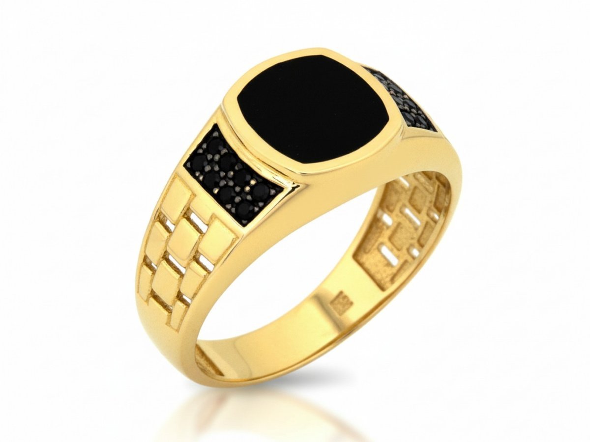 Sygnet męski złoty 585 z czarnymi cyrkoniami 5.04g dwukolorowy pierścień