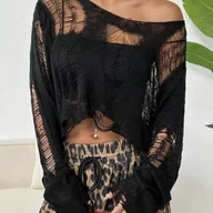 Swetry damskie - TEMU Damski, elegancki kardigan szydełkowy z odkrytymi ramionami - długi rękaw, asymetryczny dół, lekki top do stylizacji casualowych lub - miniaturka - grafika 1