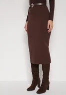 Spódnice - Brązowa Ołówkowa Spódnica z Wiskozą Zdobiona Rozcięciem i Paskiem Rowedela - miniaturka - grafika 1