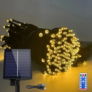 TRMLBE Solarne lampki choinkowe na zewnątrz 30m 300LEDs słoneczne lampki choinkowe ciepłe białe kurtyny świetlne z 8 trybami światła funkcja pamięci i timer i USB IP44 wodoodporne lampki choinkowe wewnątrz i na zewnątrz - Oświetlenie świąteczne - miniaturka - grafika 1
