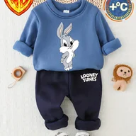 Dresy i komplety dla chłopców - TEMU Bros. Zestaw Ubranek dla Chłopca i Dziewczynki - Bluza i Spodnie z Nadrukiem Królika Bugsa i Looney , Miękka Dzianina, Długi Rękaw, Codzienna - miniaturka - grafika 1