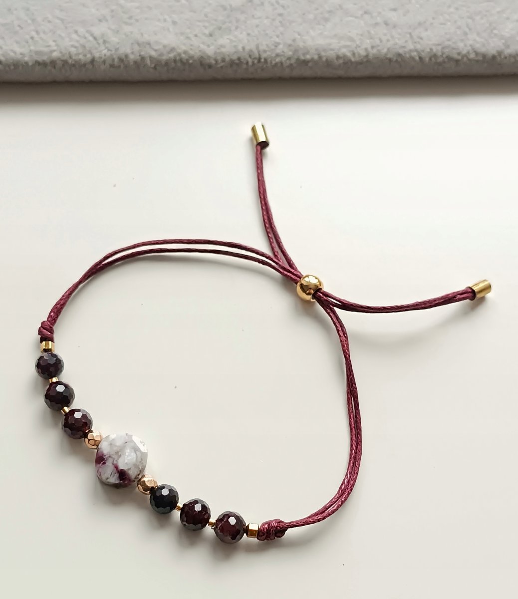 KABAŁA BORDOWA CZERWONA BRANSOLETKA REGULOWANA GRANAT TURMALIN HEMATYT STAL