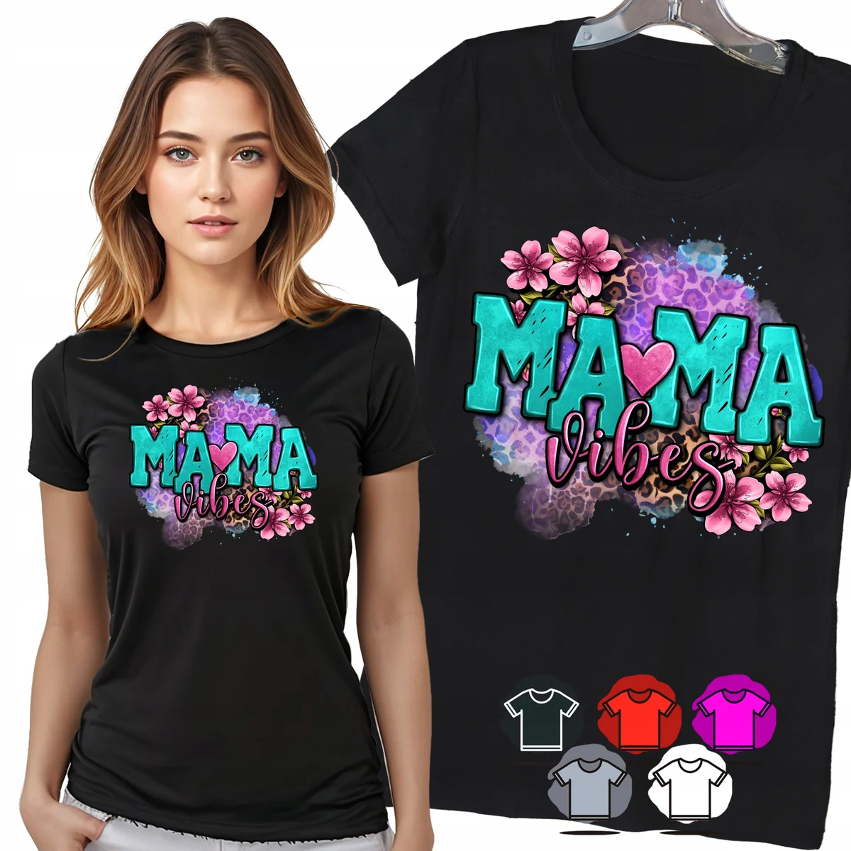 KOSZULKA DAMSKA T-SHIRT - MAMA VIBES KWIATY KOLOROWY NAPIS PREZENT - S