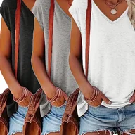 Bluzki damskie - TEMU 3 szt. Damskie Casualowe T-shirty z Dekoltem w Serek - Miękkie, Oddychające i Luźne Krótki Rękaw, Jednokolorowe Podstawowe Koszulki na Wiosnę , - miniaturka - grafika 1