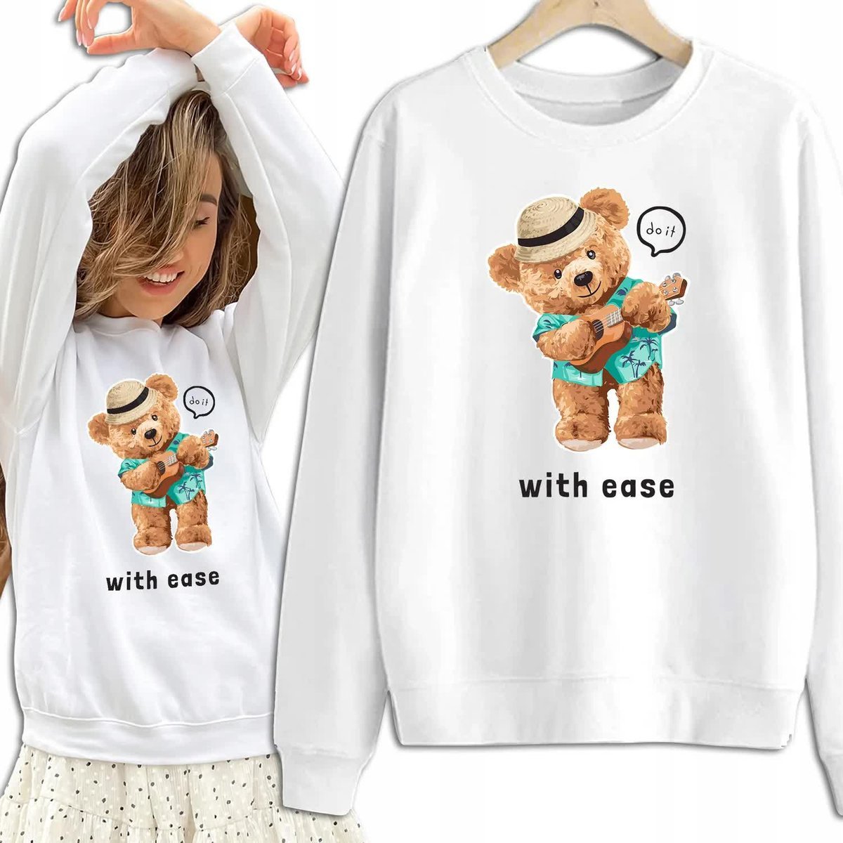Bluza Damska Biała Dresowa WITH EASE Kobiece Dziewczęce Piękne Wzory Rozm M