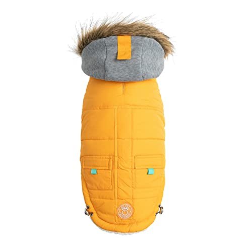 GF Pet Parka dla psa, kurtka zimowa, żeglarz, ciepły płaszcz dla psów, podszewka polarowa, wegańskie futro z kapturem, ocieplacz - żółta - rozmiar M