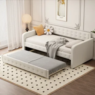 Łóżko dzienne Merax 90x200cm z wysuwanym łóżkiem, rozkładana sofa z listwowym stelażem i podłokietnikami, łóżko tapicerowane lnem, rozkładana sofa dla dzieci, jasnobeżowa - Łóżka dla dzieci i młodzieży - miniaturka - grafika 1