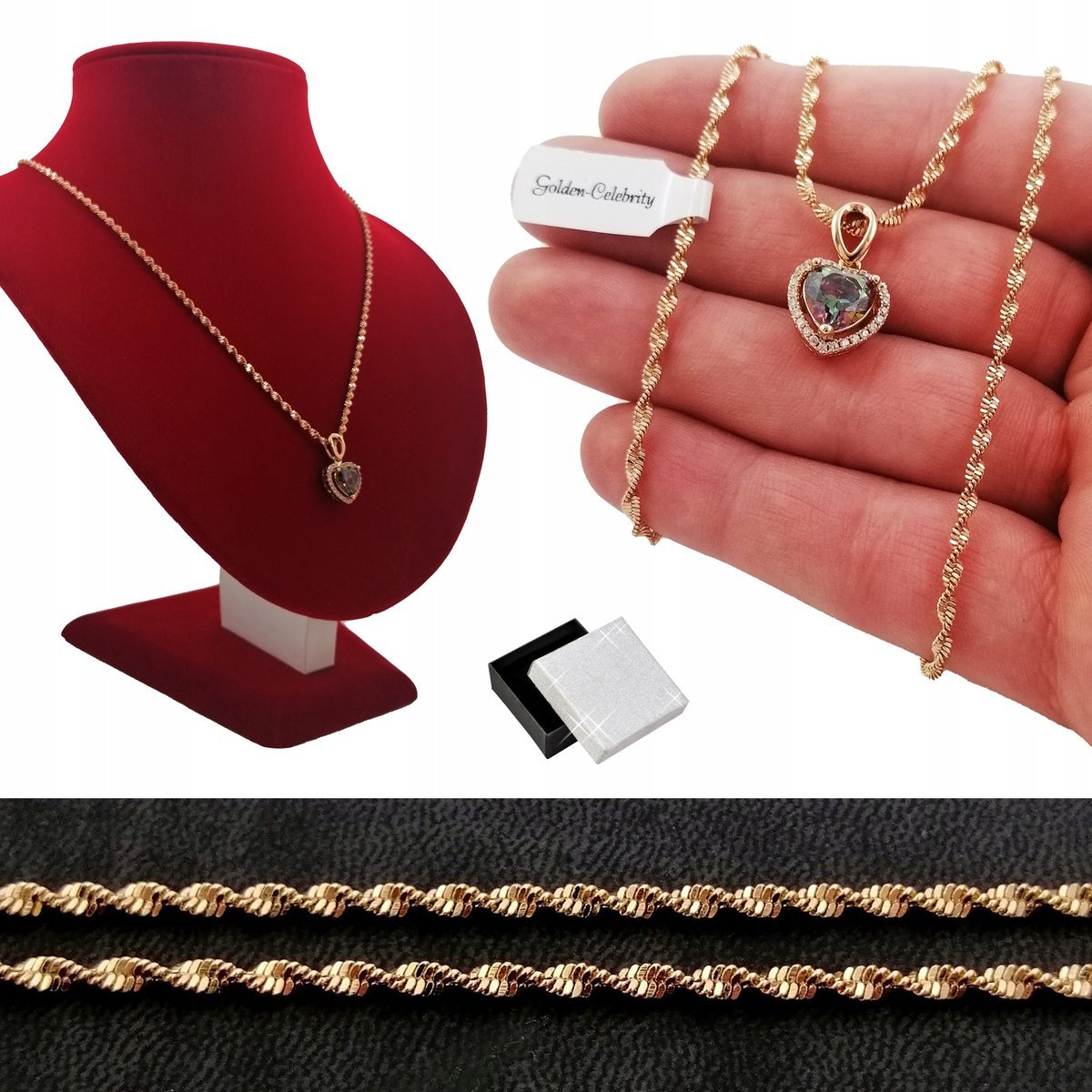 Złoty Singapur Skręcany+Serce Multikolor 60Cm 2Mm