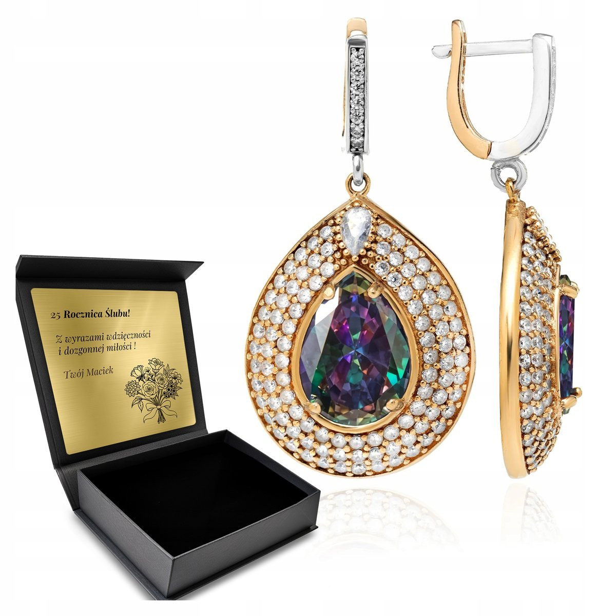 Kolczyki Srebrne 925 Cyrkonie I Topaz Biżuteria Dla Kobiety + Grawer