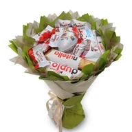 Zestawy upominkowe - Słodki bukiet zielony i beżowy ze słodyczami Kinder (średnica 20 cm) - miniaturka - grafika 1