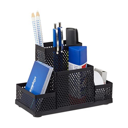 Relaxdays Metalowy organizer biurowy, pojemnik na długopisy, pojemnik na biurko dla dzieci, z otworami, wys. x szer. x gł.: 11 x 16 x 8 cm, czarny
