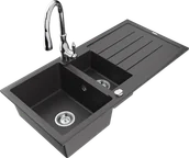 Zlewozmywaki z baterią - Mexen Andres zlewozmywak granitowy 1,5-komorowy z ociekaczem i baterią kuchenną Savita, czarny nakrapiany - 6515-76-672601-00 - miniaturka - grafika 1