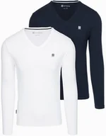 Koszulki męskie - Komplet męskich longsleeve'ów SLIM FIT z dekoltem typu V i logotypem 2-pak mix biały/granatowy V1 Z103 XXL - miniaturka - grafika 1