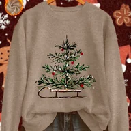 Swetry damskie - TEMU Damski sweter z nadrukiem choinki - Przytulny brązowy pulower z czerwonymi i zielonymi ozdobami, bluzka z długim rękawem i okrągłym dekoltem na - miniaturka - grafika 1
