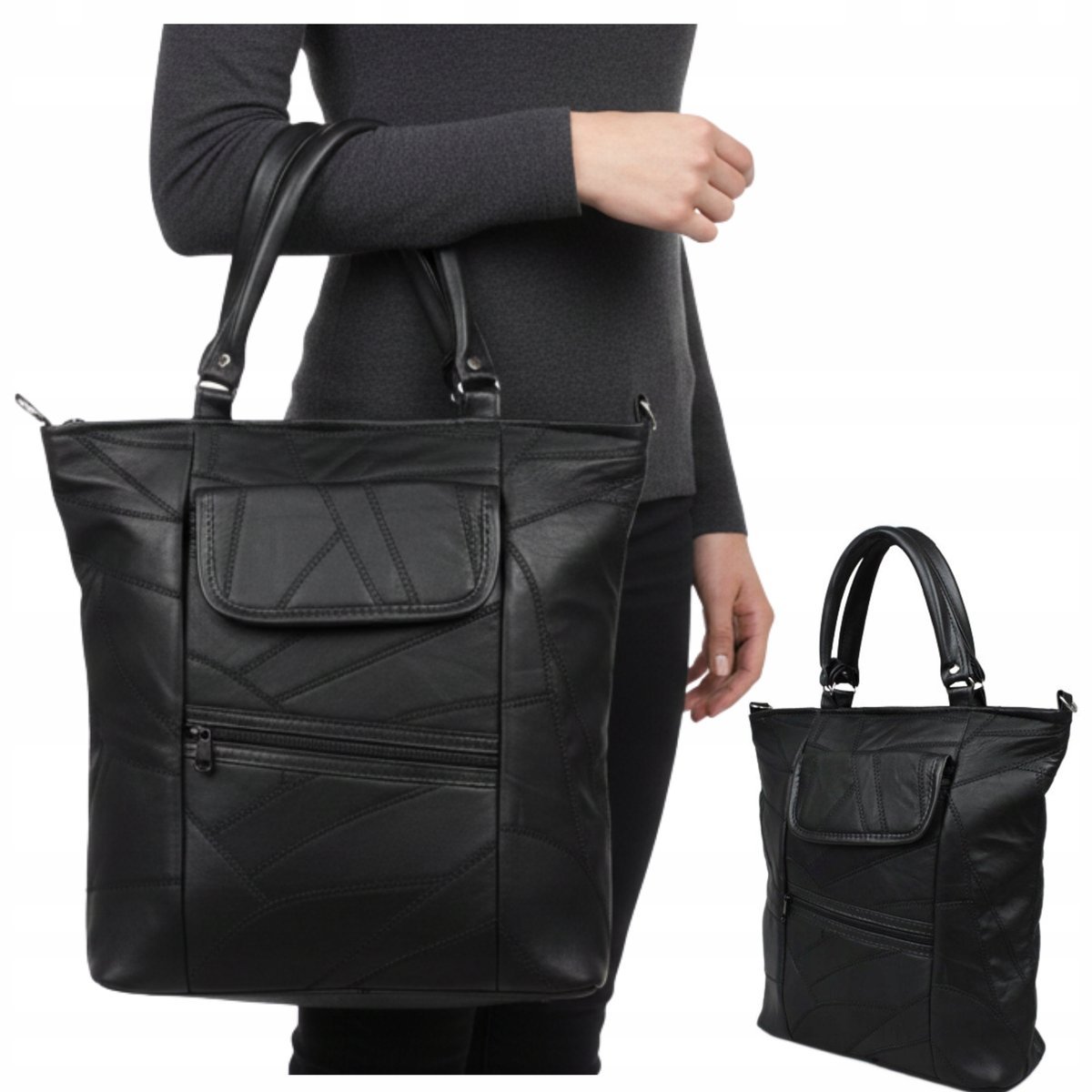 Torebka Skórzana Czarna Naturalna Łatkowa Polska Convey Shopper Damska