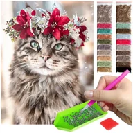 Malowanie po numerach - Haft Diamentowy ARTULIO, Obraz DIY 5D, Diamond Painting, Mozaika diamentowa 30x40cm (Portret kota w kwiecistym wianku) + zestaw akcesoriów - miniaturka - grafika 1