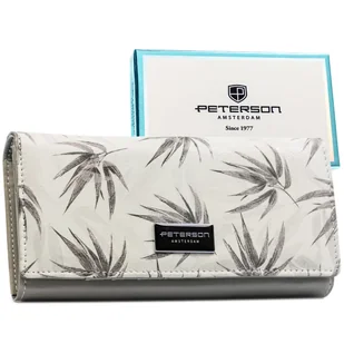 Damski portfel Peterson skórzany duży elegancki roślinny wzór ochrona kart RFID pojemny biały szary - Portfele - miniaturka - grafika 1