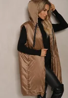 Kamizelki damskie - Ciemnobeżowa Długa Kamizelka o Prostym Kroju Zapinana na Suwak Nikiala - miniaturka - grafika 1