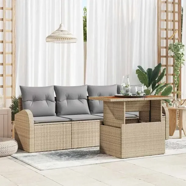 5-Częściowy Zestaw Sofy Ogrodowej z Polirattanu, Beżowy, Prostokątny