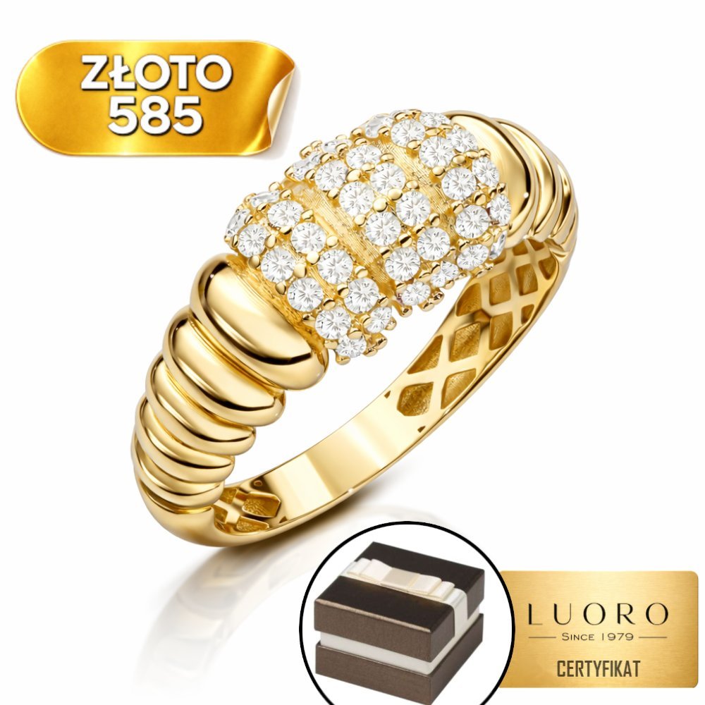 PIERŚCIONEK ZŁOTY 585 14K ŻŁOBIONY POTRÓJNY RZĄD Z CYRKONIAMI R12