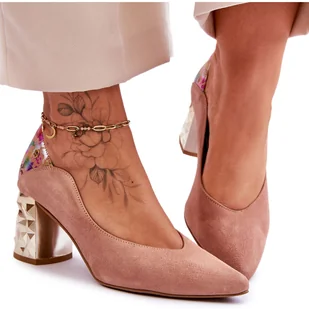 Zamszowe Czółenka Z Ozdobnym Obcasem Maciejka 05042-15 Różowe - Czółenka - miniaturka - grafika 1