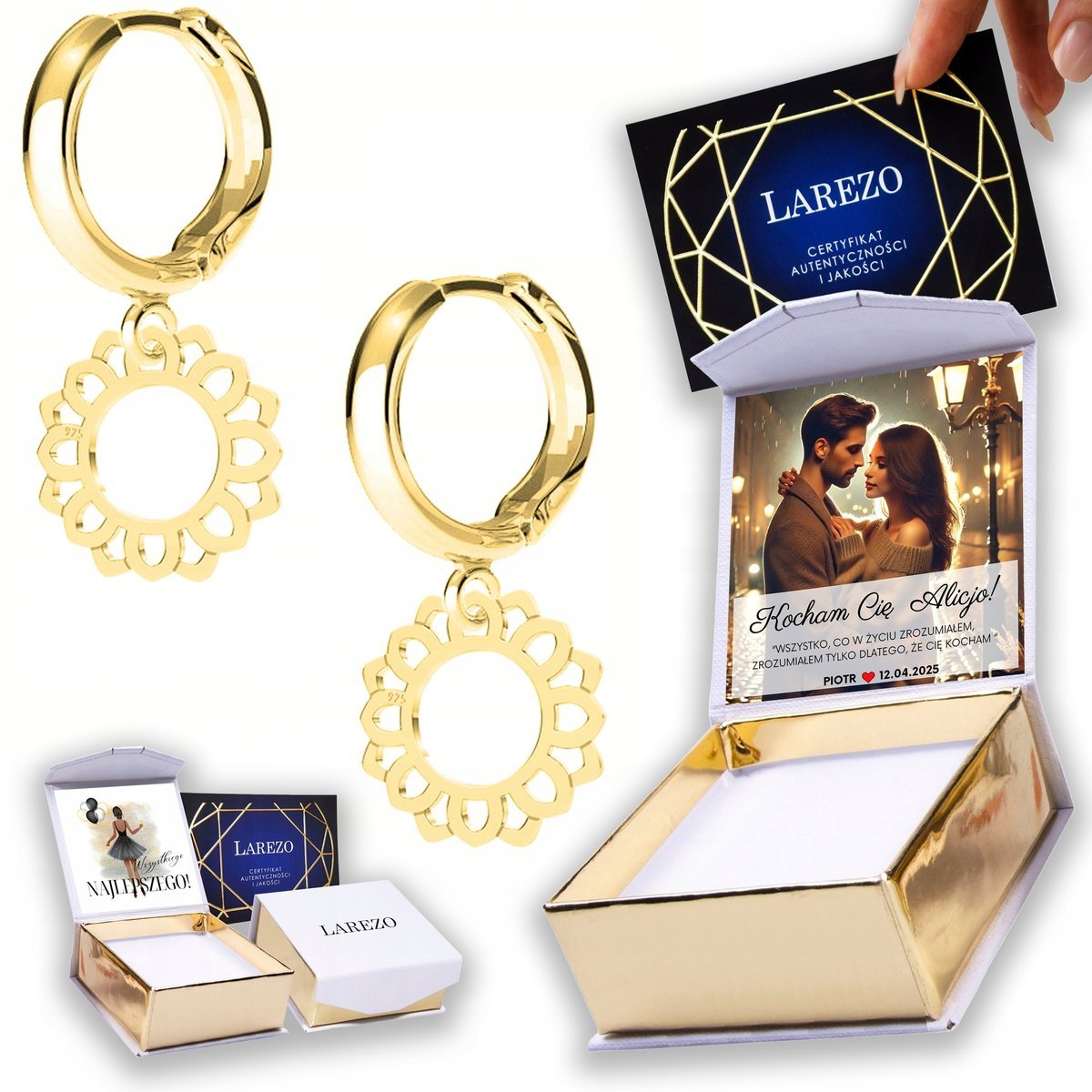 Złote Kolczyki 925 Blaszki Rozety Kwiaty Rozetka z Kwiatami NADRUK