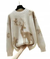 Swetry damskie - SWETER ŚWIĄTECZNY CIEPŁY UROCZY RENIFER BEŻOWY - miniaturka - grafika 1