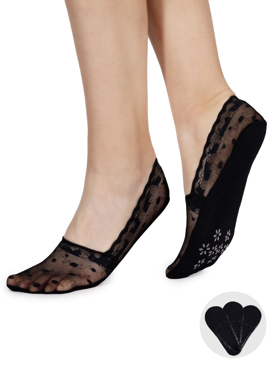 Skarpety stopki damskie balerinki niskie koronkowe z ABS koty czarne 3PAK 36-41 YOCLUB