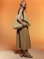 Torebki damskie - Reserved - Lniana sukienka w paski - warm olive - miniaturka - grafika 1