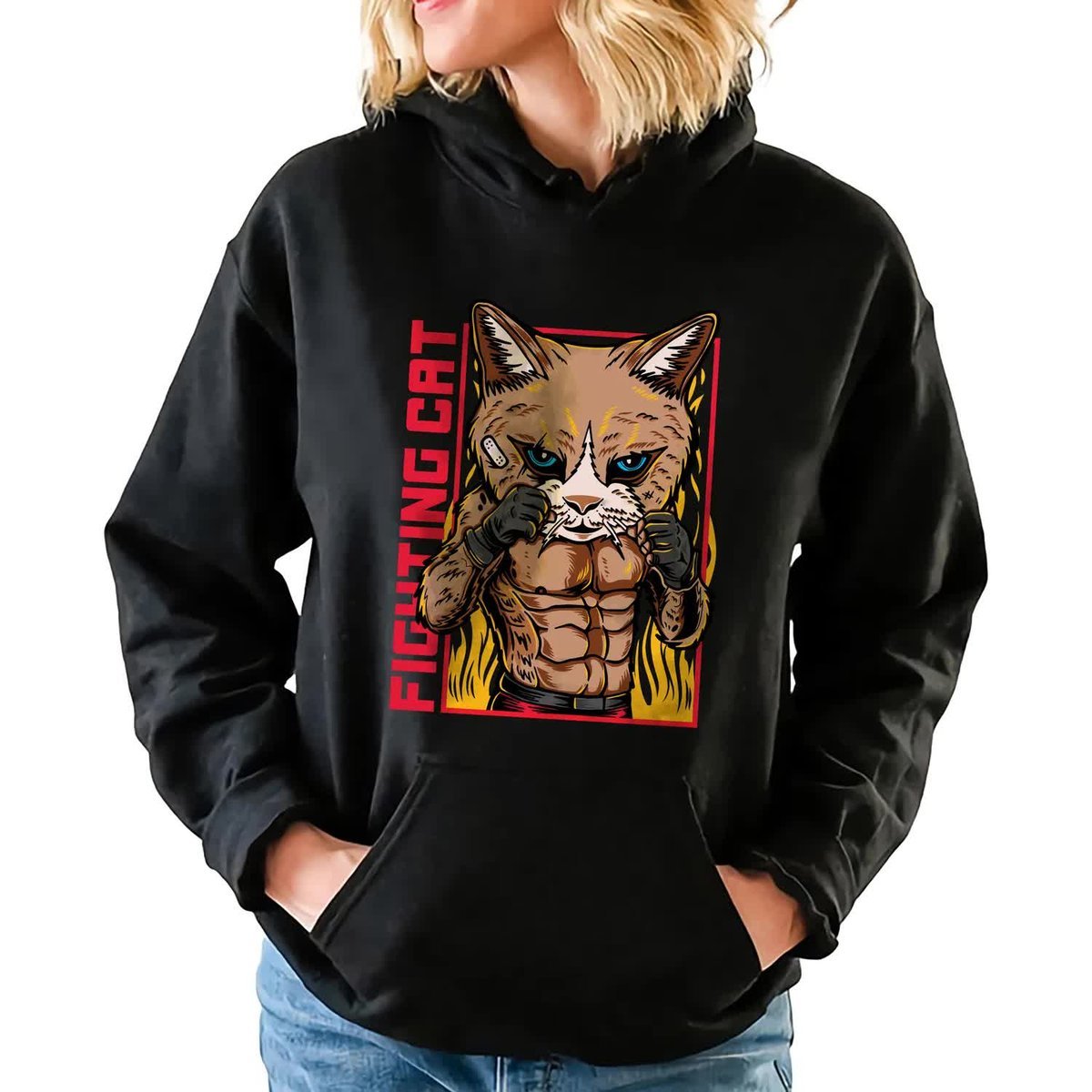 Bluza Damska Z Kapturem FIGHTING CAT Japońskie Anime Kawaii Wzory Rozmiar L