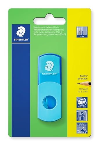 Staedtler 511SEF30BK pojemnik z gumką, neonowy turkus, bez ftalanów i lateksu, do długopisów w standardowym formacie, możliwość ponownego zamknięcia, temperówka 2 w 1 w blistrze