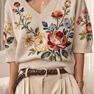 Swetry damskie - TEMU Elegancki sweter z kwiatowym nadrukiem róży i dekoltem w serek Oddychający, łatwy w pielęgnacji, można prać w pralce, modny top z krótkim - miniaturka - grafika 1